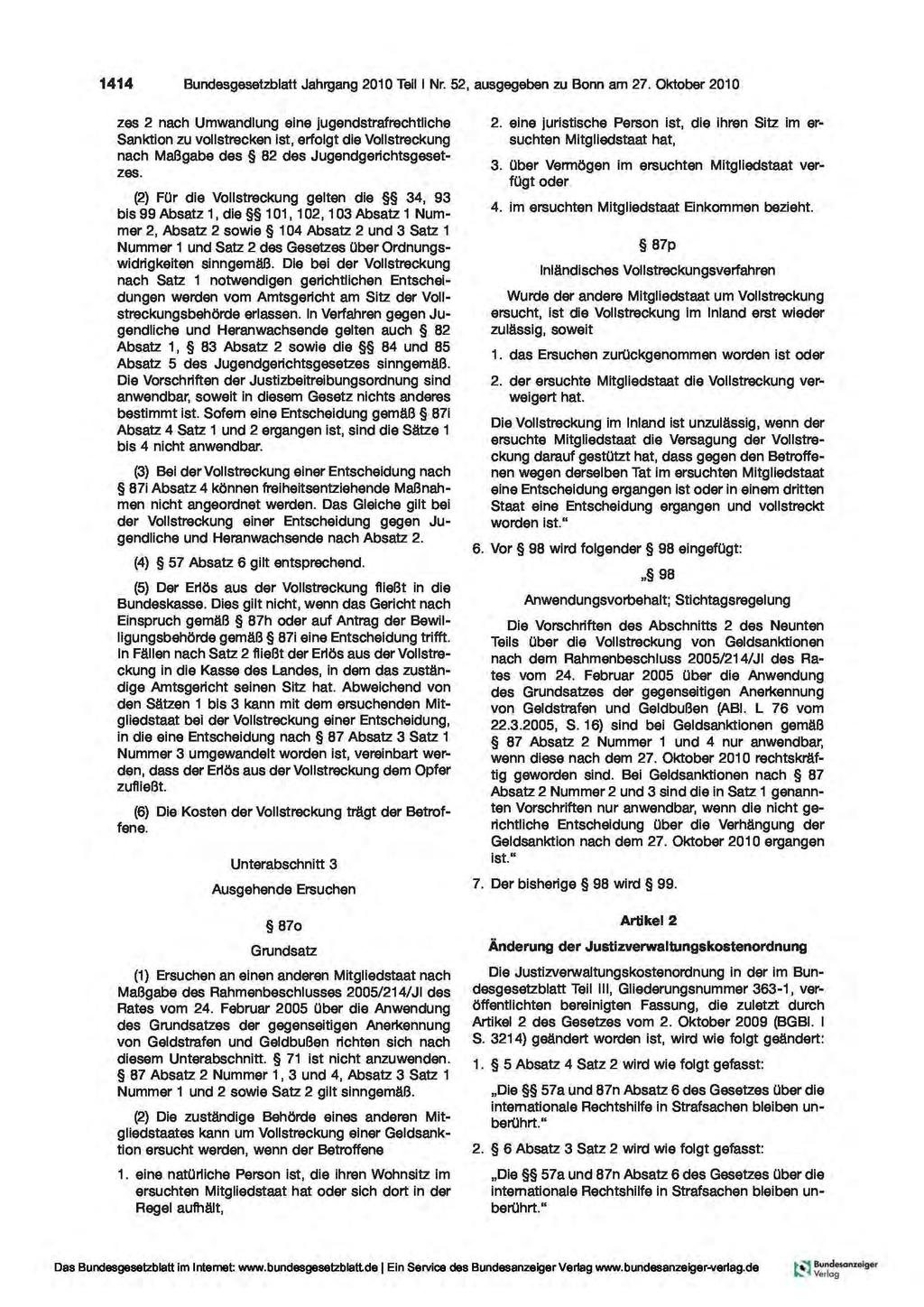 1414 Bundesgesetzblatt Jahrgang 2010 Teil I Nr. 52, ausgegeben zu Bonn am 27.