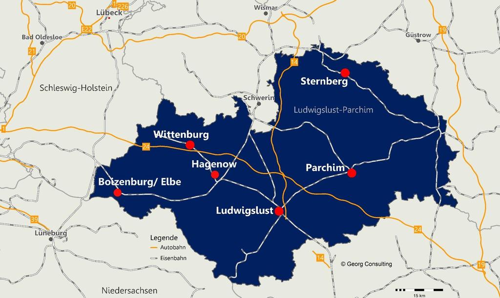 Eckpunkte der Entwicklung Weite Teile mit (eher) unterdurchschnittlicher ÖPNV- Qualität und Reisezeiten von mehr als 1 Stunde bis zu einem Oberzentrum Nähe zu Hochschulen in Rostock, Brandenburg und