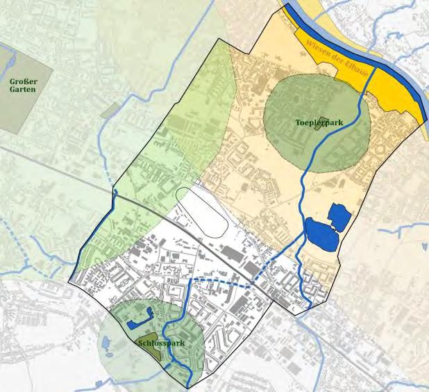 GRÜNRAUMANALYSE GRÜNRÄUME Wiesen der Elbaue Stadtversorgung max. 2 km* Großer Garten Stadtversorgung max.