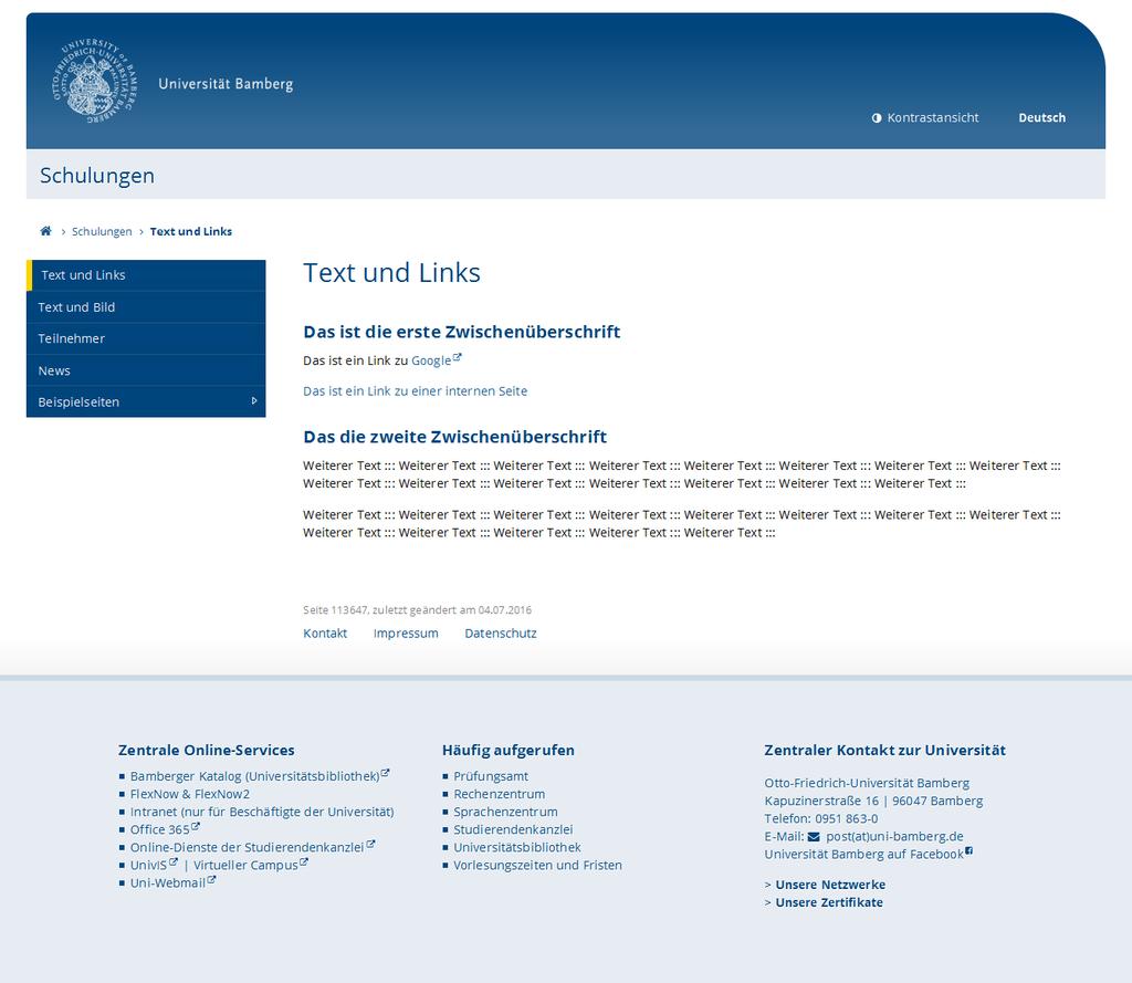 1. Grafischer Aufbau von Webseiten auf uni-bamberg.