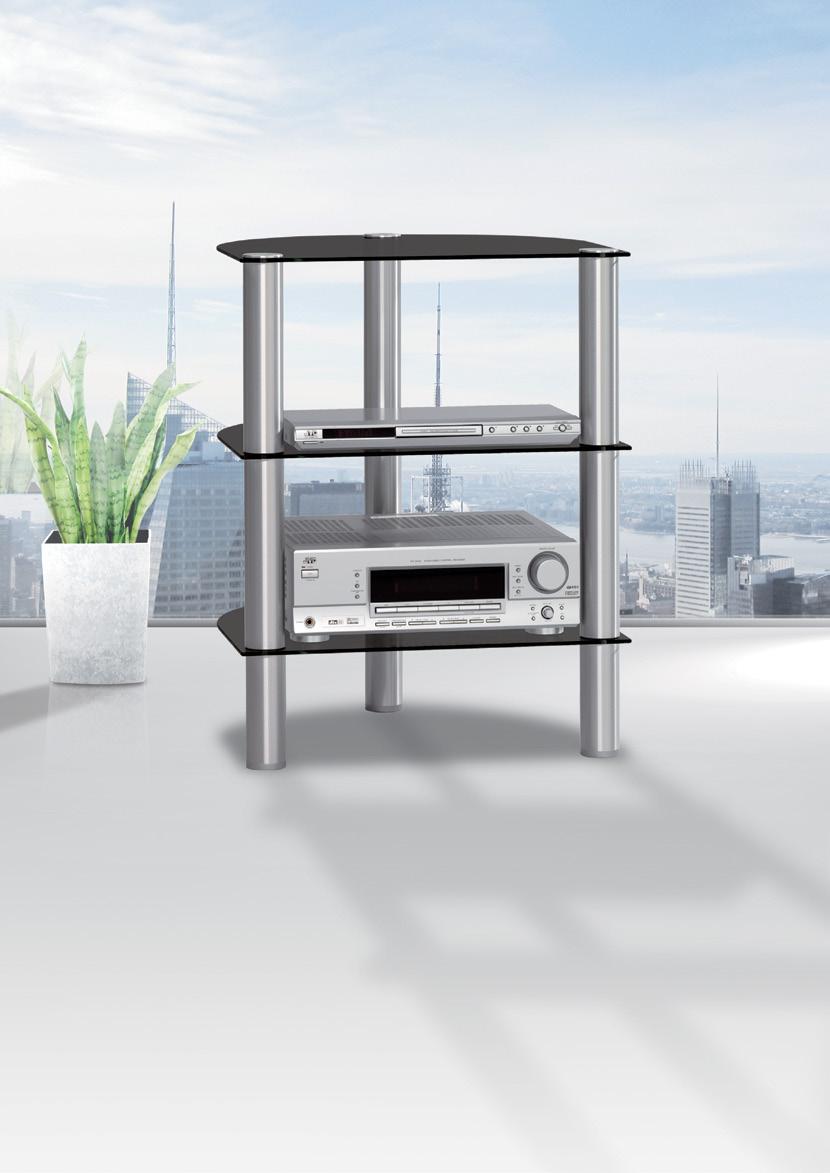 R590 - Hi-Fi-Rack MADE IN GERMANY Hochglänzendes und kratzfestes Schwarzglas Geschliffene Aluminiumsäulen Kabelspirale High-gloss and scratch-resistant black glass Polished aluminium columns Cable