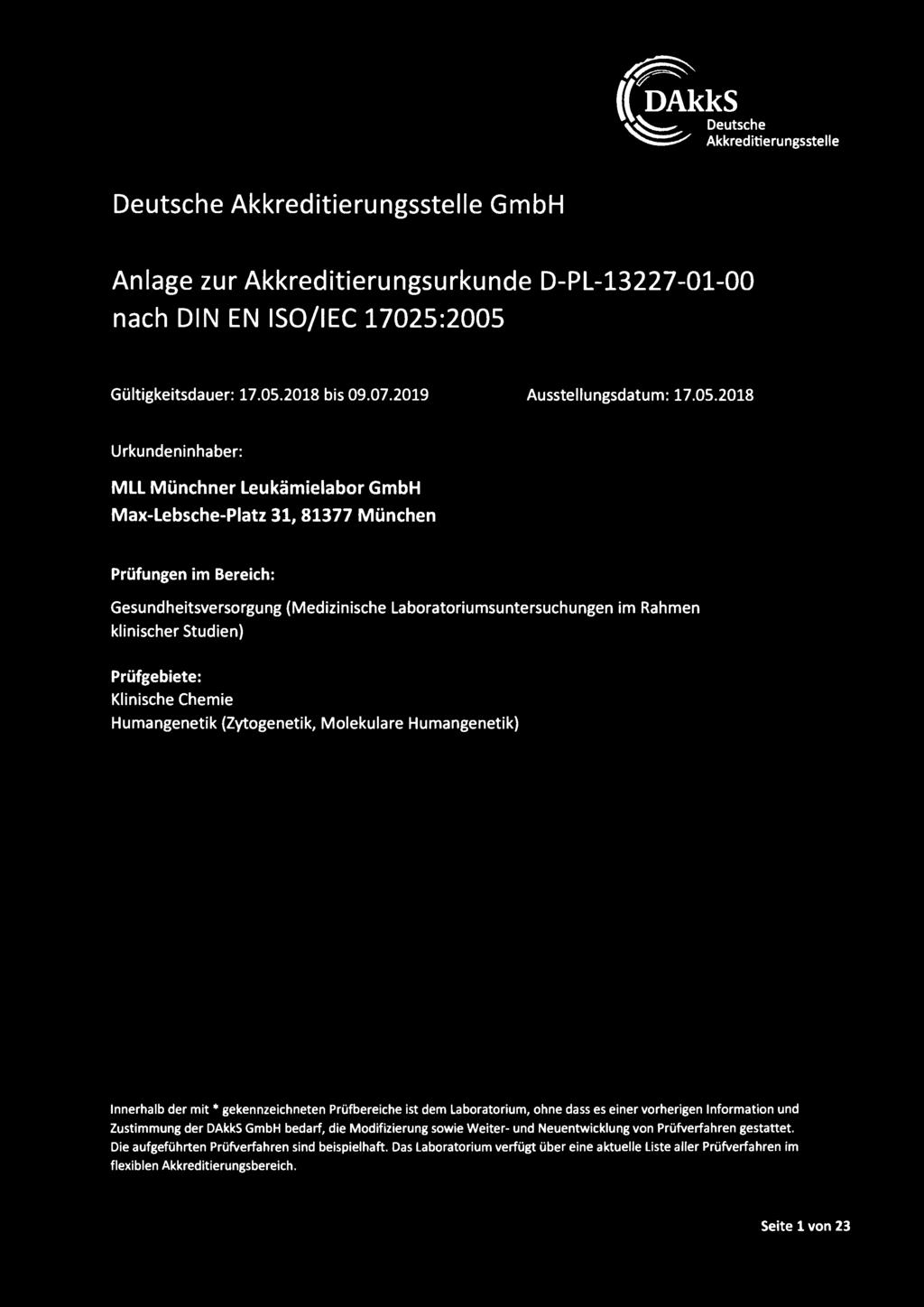 2018 Urkundeninhaber: MLL Münchner Leukämielabor GmbH Max-Lebsche-Piatz 31, 81377 München Prüfungen im Bereich: Gesundheitsversorgung (Medizinische Laboratoriumsuntersuchungen im Rahmen klinischer