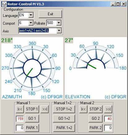 Rotor-Control M kann für Ein- oder 2-Achsen-Betrieb konfiguriert werden. AZ&EL AZ&AZ nur AZ Die grünen Zeiger und Zahlen zeigen die aktuelle Richtung der Rotoren.