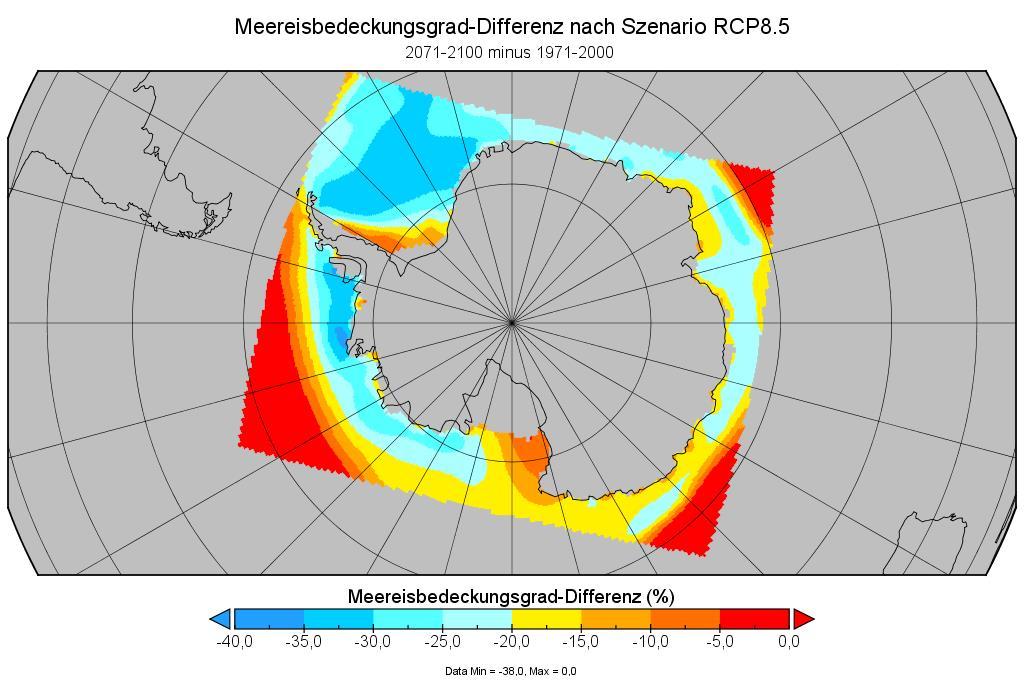 Abbildung 7 Meereisbedeckungs-Differenz im Jahr 2100/ Daten: Deutsches Klimarechenzentrum Abbildung 9 Verbreitungsgebiete der Pinguine Abbildung 8 Temperatur-Differenz im Jahr 2100/ Daten: Deutsches