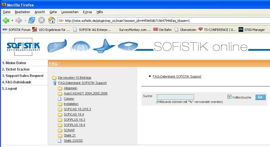 7 FAQ-Datenbank Die FAQ-Datenbank enthält Einträge des SOFiSTiK Support zu den verschiedensten Punkten. Die Gliederung ist unten abgedruckt.