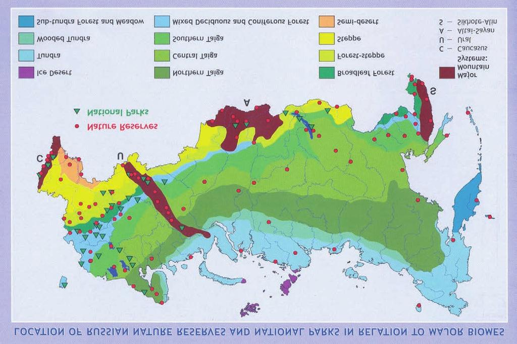 Internationaler Naturschutz AFSV Abb. 1: Fig. 1: Lage der russischen Sapowedniks und Nationalparke in den Hauptvegetationszonen (Karte des Ministeriums für Naturressourcen der RF [MPR]).