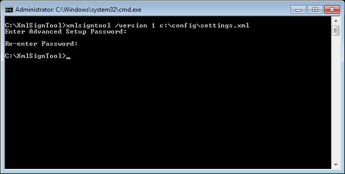 5. Geben Sie das Passwort für die erweiterten Einstellungen ein und bestätigen Sie es, wenn Sie vom XmlSignTool dazu aufgefordert werden. Ihre.