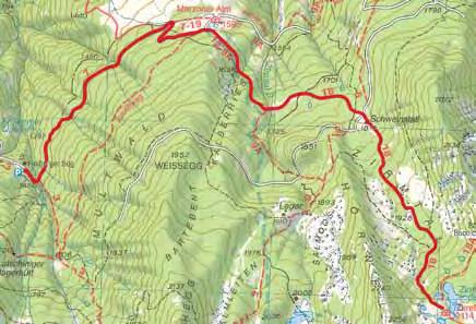 40 h 853 Hm schaft belohnt die Mühen des Aufstiegs und die kleine Alm hält allerlei Köstlichkeiten zur Stärkung bereit. Der Abstieg erfolgt auf dem Aufstiegsweg.