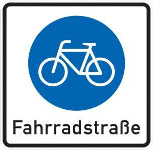 Fahrradstraße Verkehrszeichen VZ 244 Fahrradstraße Die so gekennzeichnete Straße räumt dem Radfahrer Vorrang ein. Der gesamte Straßenraum darf genutzt werden (Nebeneinanderfahren).