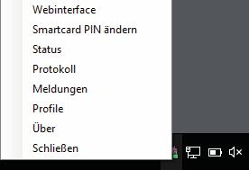 genucard-client - Menü Ein Mausklick auf das genucard-client-icon öffnet das Menü: Webinterface: Smartcard PIN ändern: Öffnet Ihren
