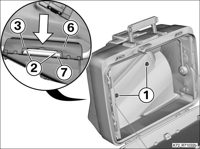 Wipptaste (4) an der Riffelung drücken. Bei gedrückter Wipptaste den Kofferdeckel öffnen. An Auflage (6) Schrauben (1) lösen.