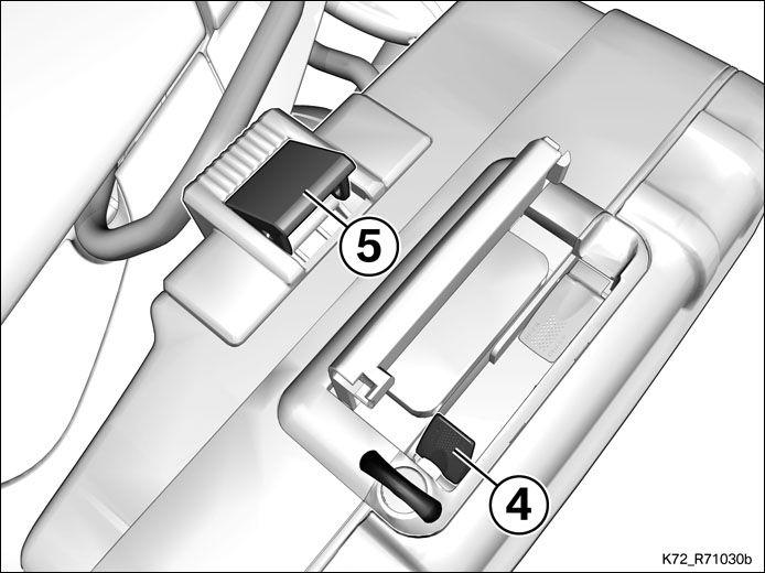 Auflage auf anderen Fahrzeugseite entsprechend anbauen und einstellen. (-) Koffer abnehmen Schlüssel (1) im Kofferschloss quer zur Fahrtrichtung drehen.