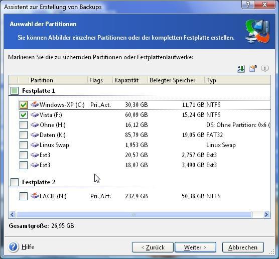 Flexibel: Anders als das Vista- Bordmittel erlaubt Acronis True Image auch FAT32-Partionen als Sicherungsmedium und zeigt sogar mit Ext3 formatierte Linux- Partitionen korrekt an.