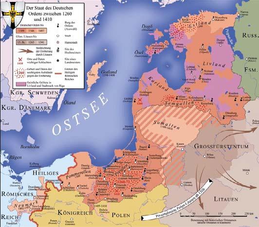 Karte mit Staat des Deutschen Ordens Nachdem 1291 Palästina endgültig für die Christen verloren gegangen war, verlegte der Deutsche Orden seinen Hochmeistersitz von Akkon erst nach Venedig und 1309