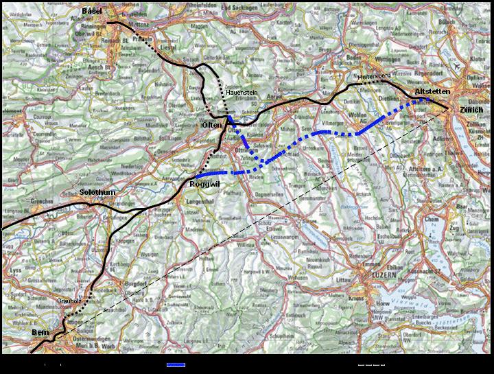 Geplante Ausbauten Bern/Biel/Basel Zürich gemäss Konzept Bahn 2000 plus (blau) Kostenschätzungen Bauten: Neubaustrecke Roggwil Altstetten: 3,7 3,9 Mrd. Fr.
