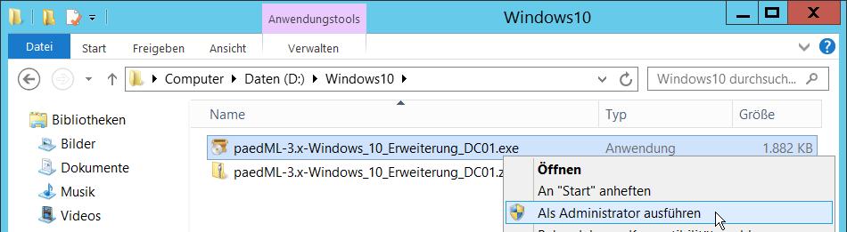 8. Kürzen Sie den Zielpfad auf das aktuelle Verzeichnis und klicken Sie auf Extrahieren. 9. Sie erhalten nun die Datei paedml-3.x-windows_10_erweiterung_dc01.exe.