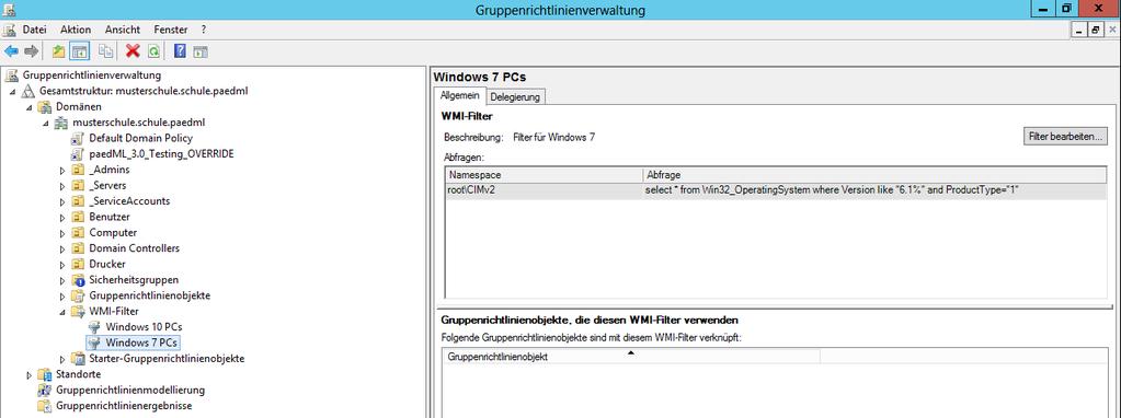5. Selektieren Sie den Eintrag Windows 7 PCs. Kontrollieren Sie rechts unten, dass keine Gruppenrichtlinien diesen WMI-Filter verwendet. 6. Schließen Sie die Gruppenrichtlinienverwaltung wieder. 3.