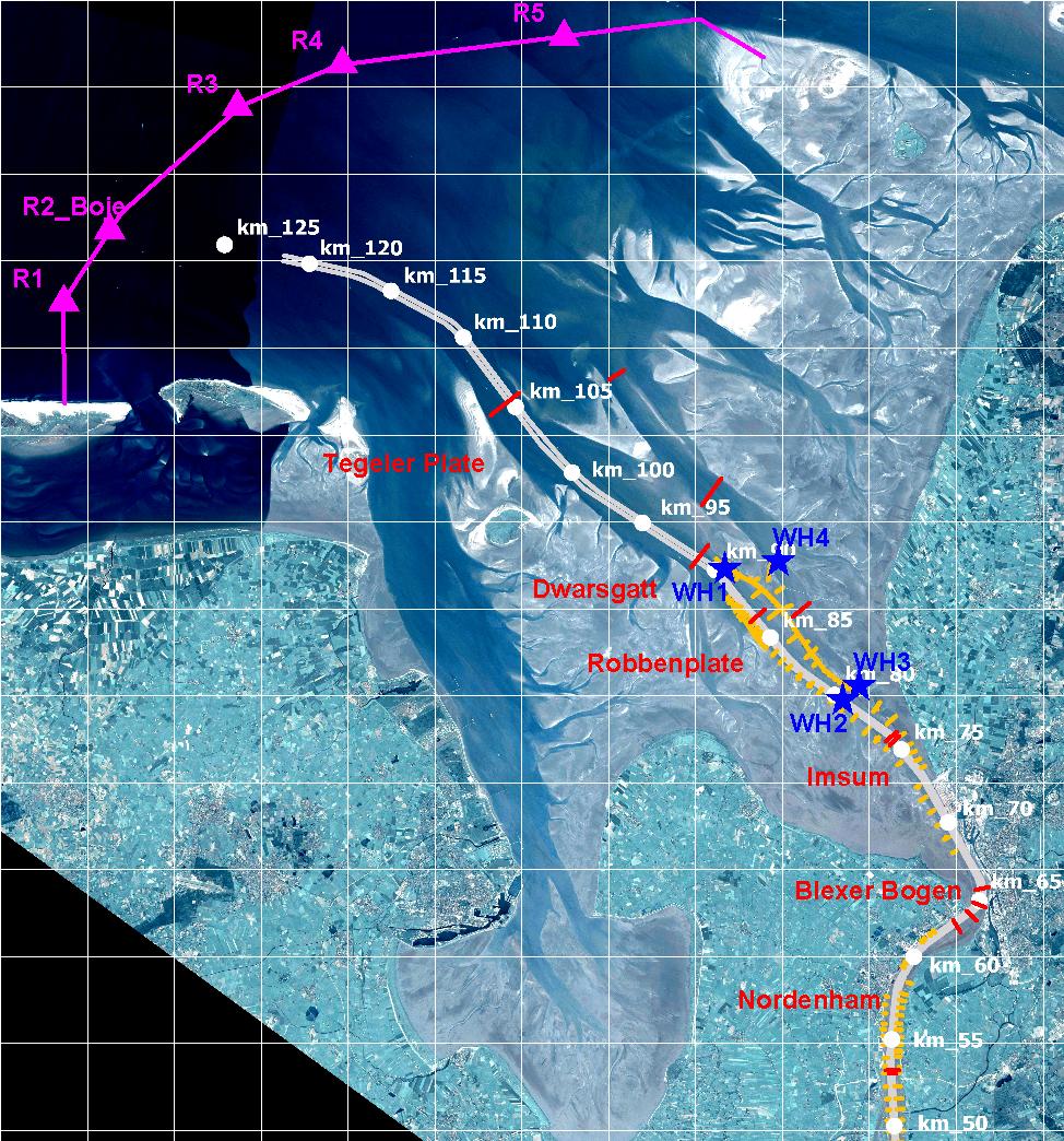 Umsetzung am Beispiel der Weser Ziel: Erfassung der Hydrodynamik als Grundlage für die Kalibrierung des 3D-Modells Konzept: Messungen auf dem seeseitigem Rand Satellitenbild: (c) ANTRIX, SII,