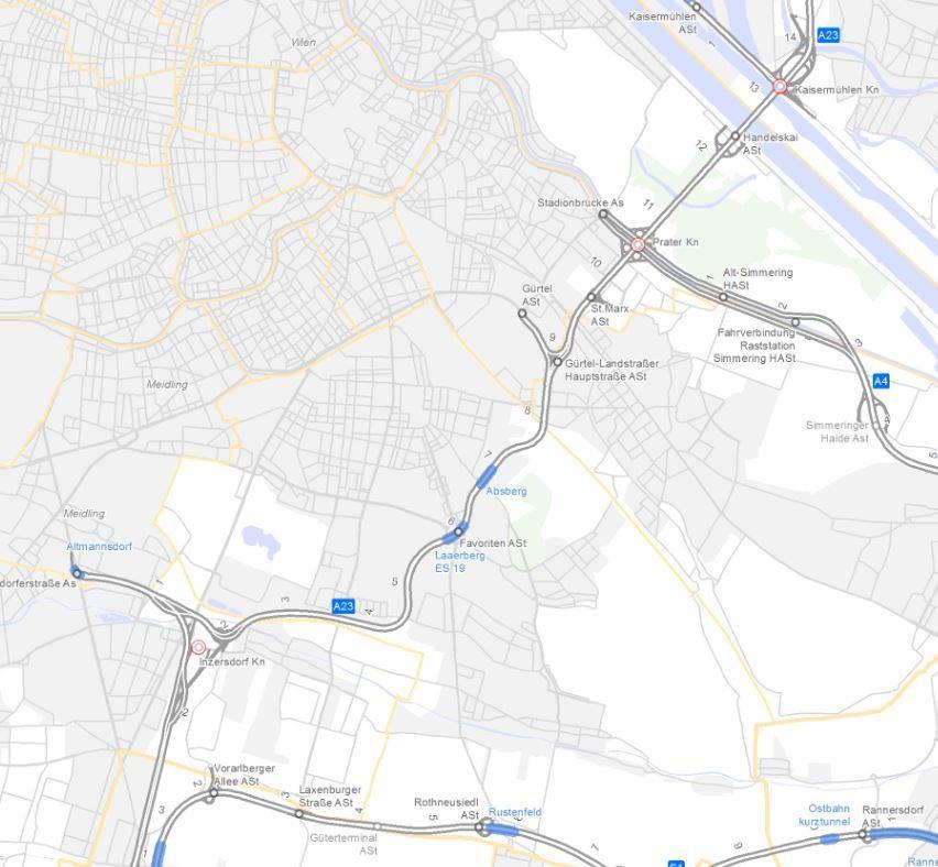 Projektlagen 5 1 Generalerneuerung Knoten Inzersdorf Hauptarbeiten 2014-2017 4 2 Hochstraße Inzersdorf Vorarbeiten seit 2010 Hauptarbeiten 2015-2018 3 Fly Over A 23 Richtung