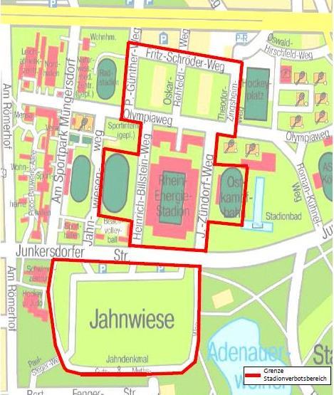 GELTUNGSBEREICH DER STADIONVERBOTE Stadionverbote gelten für das Stadion und den gesamten Bereich der Platz- und Hallenanlage (rote Markierungen).