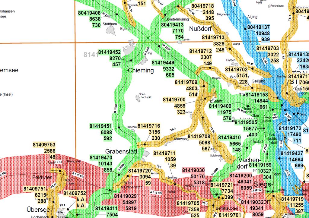 Verkehrsbelastung aus der Straßenverkehrszählung 2010 St 2096 OD Chieming: 8.270 Kfz/24h davon SV 457 Kfz/24h (= 5,5 % SV-Anteil) = 215 % zum Vergleich Ø bay. Staatsstraßen: 3.