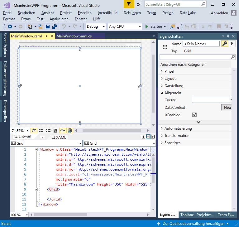 abweichen: Das Fenster MainWindow ist der Ausgangspunkt für alle WPF-Anwendungen, die mit Visual Studio
