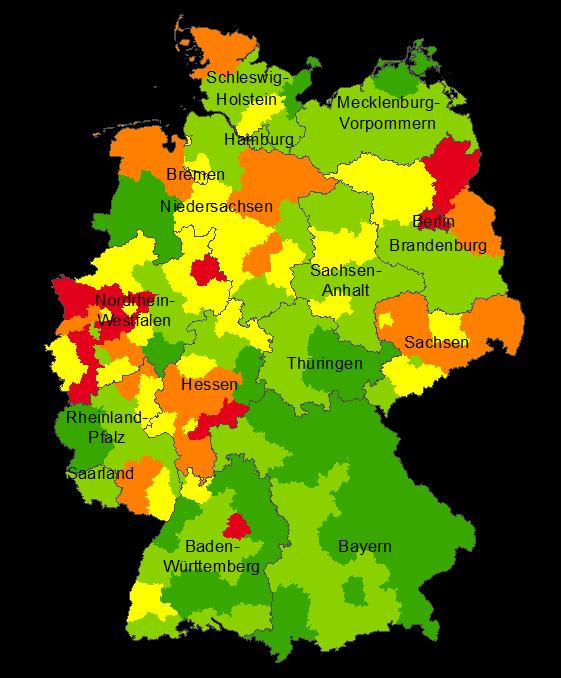 3.2 Regionale Ungleichgewichte Regional betrachtet gab es in Süddeutschland, Thüringen, Mecklenburg-Vorpommern, im Saarland sowie in Hamburg deutlich mehr Ausbildungsstellen als gemeldete Bewerber.