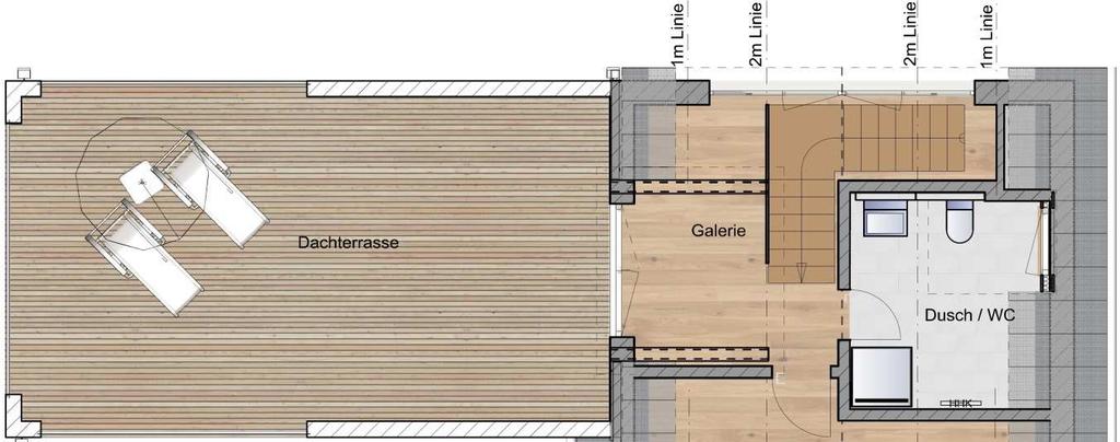 Dachgeschoss Galerie 09,15 m² Dusch/WC 06,09 m² Studio 19,89 m² Dachterrasse 50 % 23,15 m²