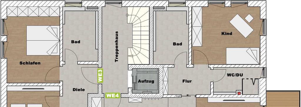 Obergeschoss MFH Wohnung 3 Diele 06,43 m² Schlafen 14,88 m² Bad 06,74 m²
