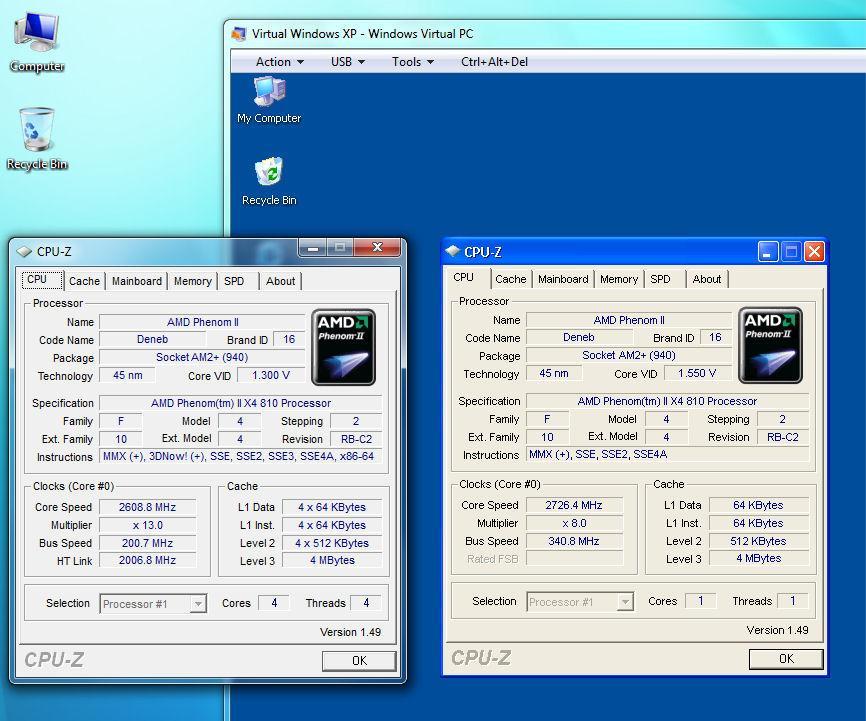 CPU-Z zeigt in der virtuellen XP-Maschine (rechts) den AMD Phenom II X4 810