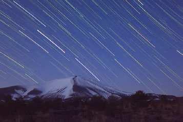 Fotoaufnahmen Strichspuraufnahmen (Sternenspuren) Die durch die Bewegung der Sterne am Himmel verursachten Streifen werden in einem einzigen Bild festgehalten.