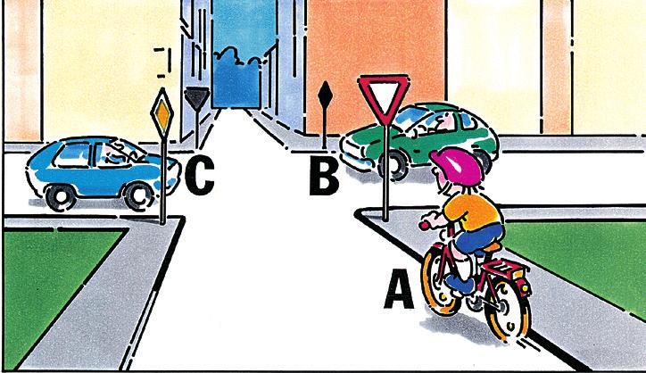 Lies die Fragen genau durch. Überlege in Ruhe und kreuze ( die richtige Antwort/die richtigen Antworten an! 5. Bei welchen Verkehrszeichen darfst du mit dem Rad nicht weiterfahren? ( ( ( ( 6.