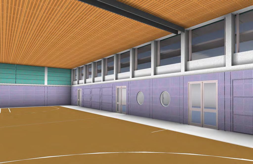 Innenraum Turnhalle Neuer Innenausbau Turnhalle: Der Sportboden, die seitlichen Wandverkeidungen und die abgehängte Decke werden erneuert.
