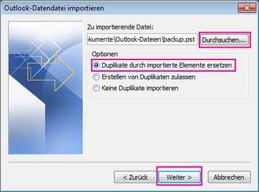 3. Wählen Sie "Aus anderen Programmen oder Dateien importieren" aus und klicken Sie auf Weiter. 4. Wählen Sie Outlook-Datendatei (PST) aus, und klicken Sie auf Weiter. 5.