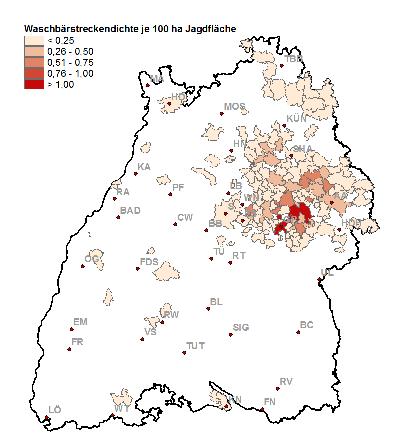 149 Gemeinden Waschbär Jagdstreckenvergleich Jj 2005/2006 Jj 2014/2015 Jagdstrecke 1000 900 800