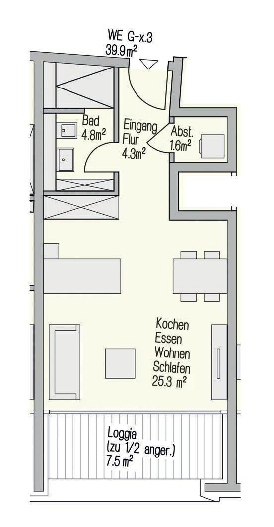 Typ G-0.3 bis G-3.3 Apartment, 39,9 m² Dieser Apartment Typ ist der ideale Raum für alle Singles mit Stil.