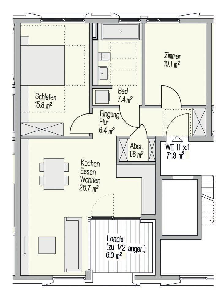 Typ H-0.1 bis H-2.1 3-Zimmer, 71,4 m² Mit drei Zimmern sind sie frei in Ihrer Familienplanung. Single, Paar, Kind?