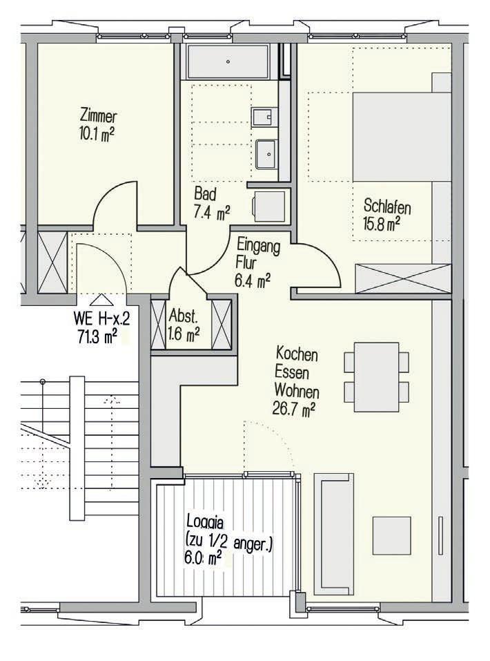 Typ H-0.2 bis H-2.2 3-Zimmer, 71,4 m² Mit drei Zimmern sind sie frei in Ihrer Familienplanung.