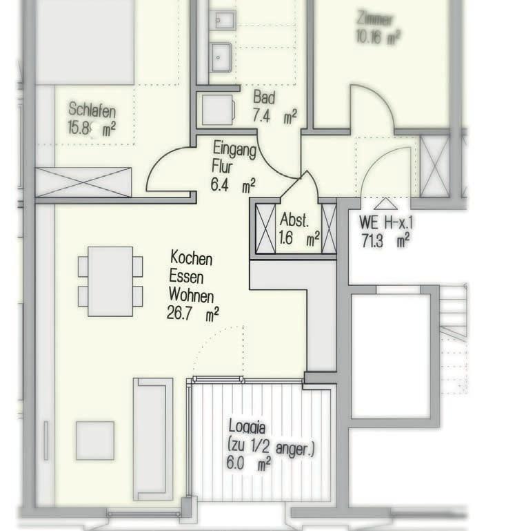 Wohnungstypen 50-71 m² 2-Zimmer bis 63m² HNF HNF (-1% Putz) Typ E-0.1 bis E-2.1 50,2 m² 49,7 m² Typ E-0.2 bis E-3.2 51,6 m² 51,0 m² Typ G-0.2 bis G-3.2 63,7 m² 63,1 m² Typ G-0.4 bis G-3.