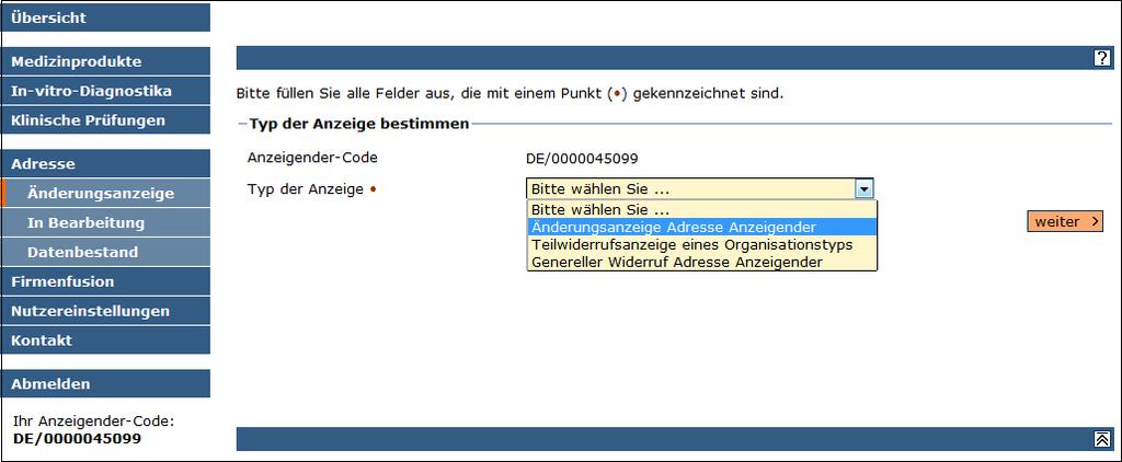 Gehen Sie nacheinander die Formularabschnitte 1. Grunddaten, 2. Behörde, 3. Anzeigender und 4. Sicherheitsbeauftragter durch und tragen Sie Ihre Änderungen ein.