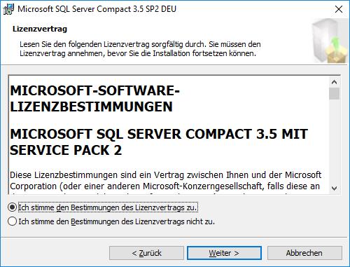 Microsoft SQL Server Compact 3.5 SP2 Im nächsten Schritt wird der Microsoft SQL Server Compact 3.