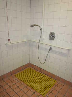 ) Dusche im WC/Umkleidekabine für Menschen mit Behinderung Dusche in der Umkleidekabine für Menschen mit Behinderung Dusche in