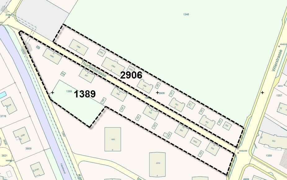 Angestrebte Umzonung Die Initianten streben eine Umzonung der Grundstücke Parzellen Nrn. 1389 und 2906 mit einer Gesamtfläche von rund 10 000 m 2 in die Dorfzone zweigeschossig (D2) an.