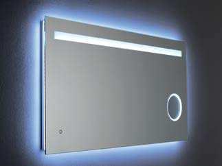 Spiegel mit LED Beleuchtung: umlaufende LED-Hintergrundbeleuchtung, Umgebungslicht, Antibeschlagfunktion durch Spiegelheizung,