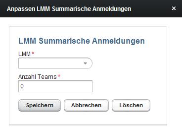 Bereits angemeldete Mannschaften werden in der Tabelle LMM Wettkampf summarische Anmeldung kategorienweise aufgelistet und können über den Button Bearbeiten geändert werden.