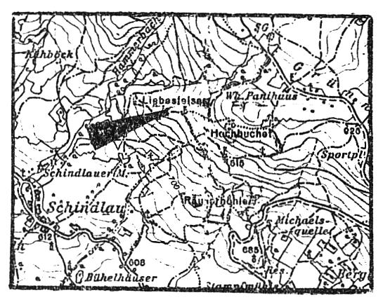 21 Liebesfelsen - Durchschlupf (Kat.Nr. 6841/5) Seeh.: 810 m GL.: ca. 4 m ND.: ca. -1 rn HE.: ca.4 m Lage: 1,5 km Luftlinie NE 42 von Kote 612 (Schindlau, ca.2,5 km NW Aigen i.mkr.