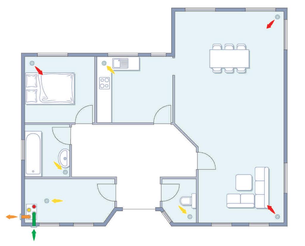 Bungalow bis 0 m Wohnfläche Musterplanung Außen- und führung über die Außenwände Tellerventile für die Zu- und Luftführung