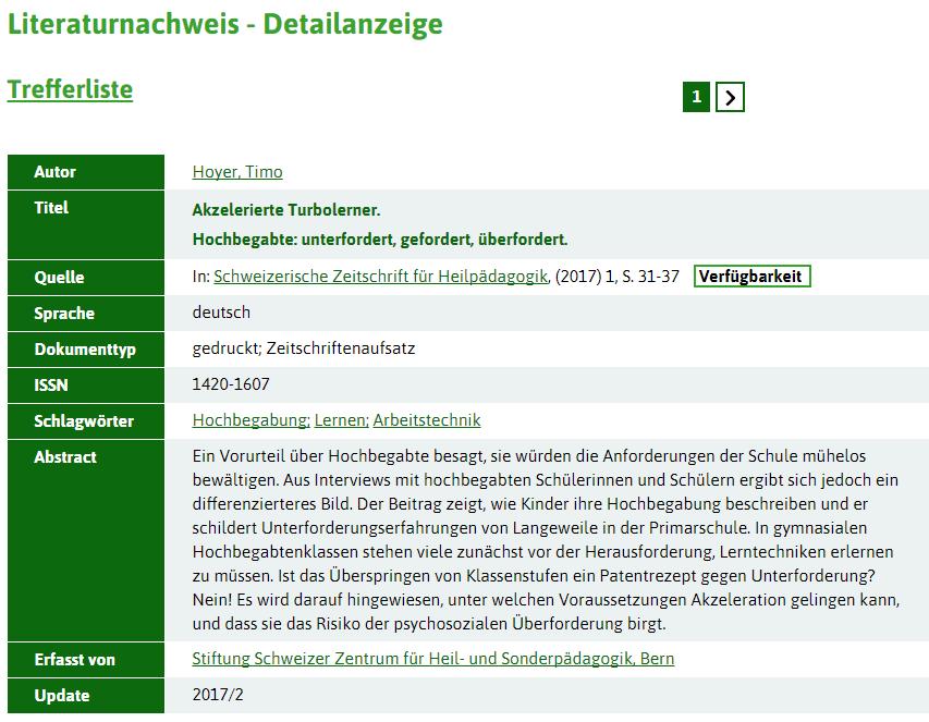 FIS-Bildung Literaturdatenbank: Detailanzeige 1 2 3 1. Bibliographische Angaben (Titel, AutorInnen, Quelle etc.) 2.