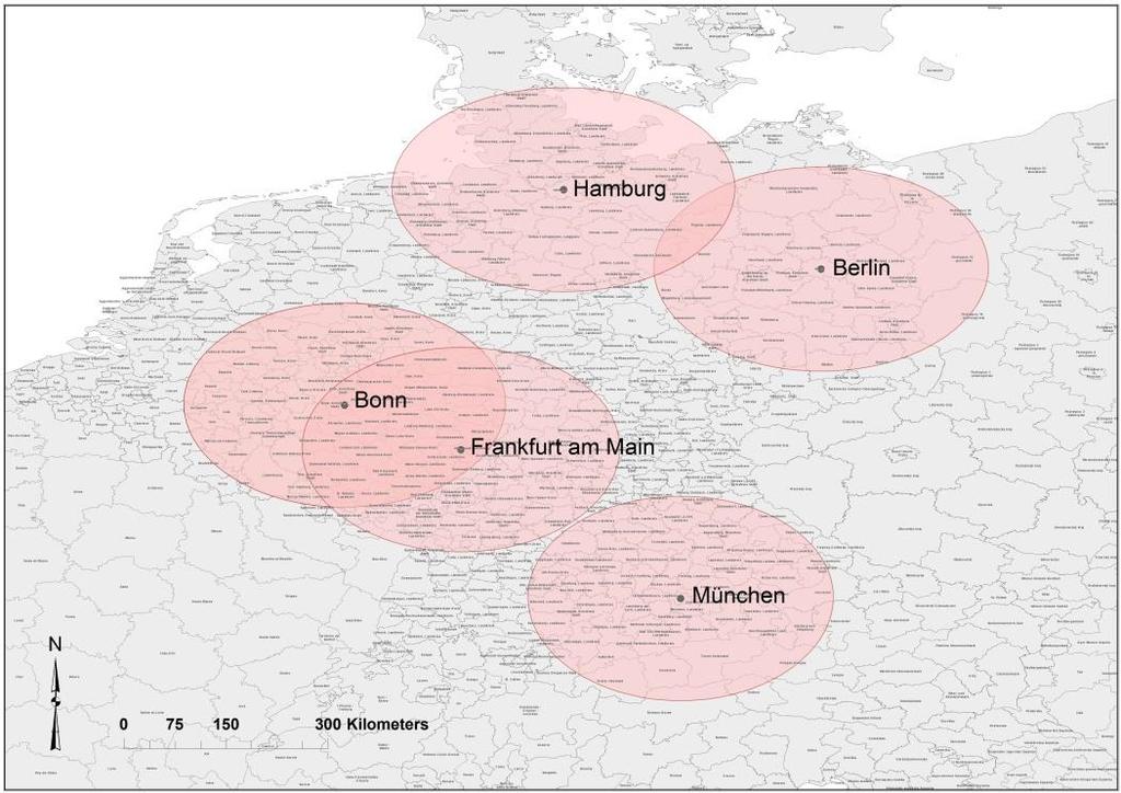 Einzugsgebiete Bevölkerung......und BIP national Bei einem Radius von 150km beträgt die Einwohnerzahl um Bonn 34.725.000.