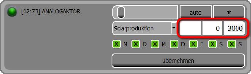 10 Option: Hausautomation über Eaton-Aktoren E3/DC GmbH 10.6.3 Werte für die Solarproduktion bestimmen Abb. 111: Beispiel für Analogaktor Solarproduktion Wählen Sie im Blätterfeld Solarproduktion aus.